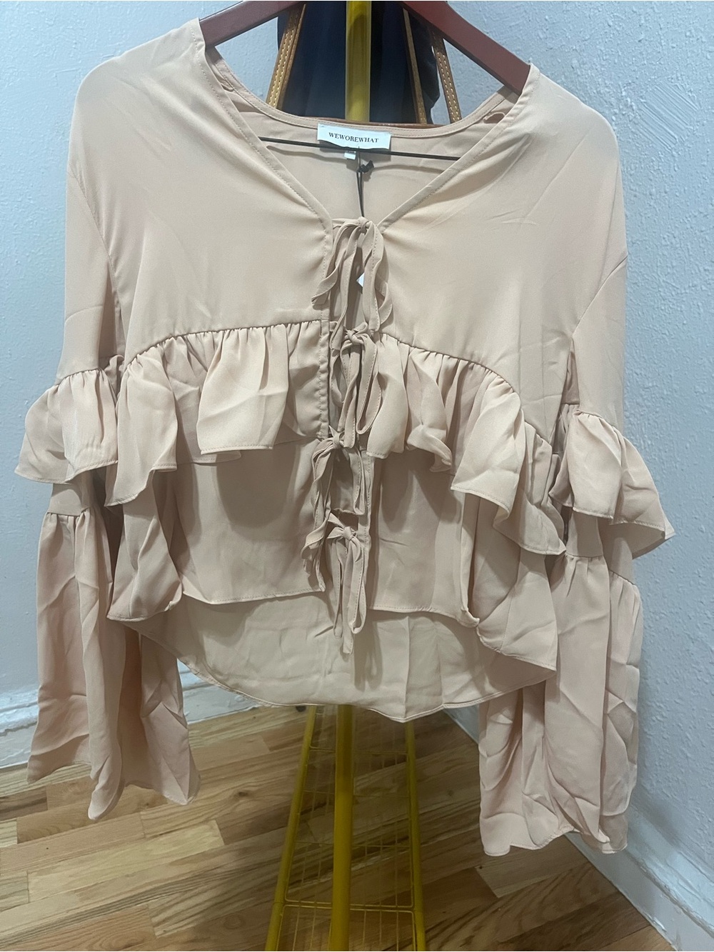 Woven Heart Blush Tie-Front Ruffle Cropped Blouse